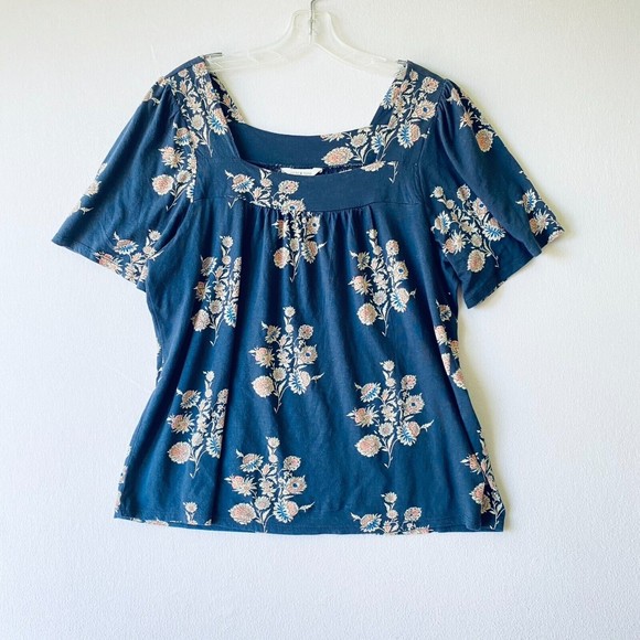 Lucky Brand L Boho Tunic Top Shirt Floral Print Stretch Square Neck - Picture 1 of 10